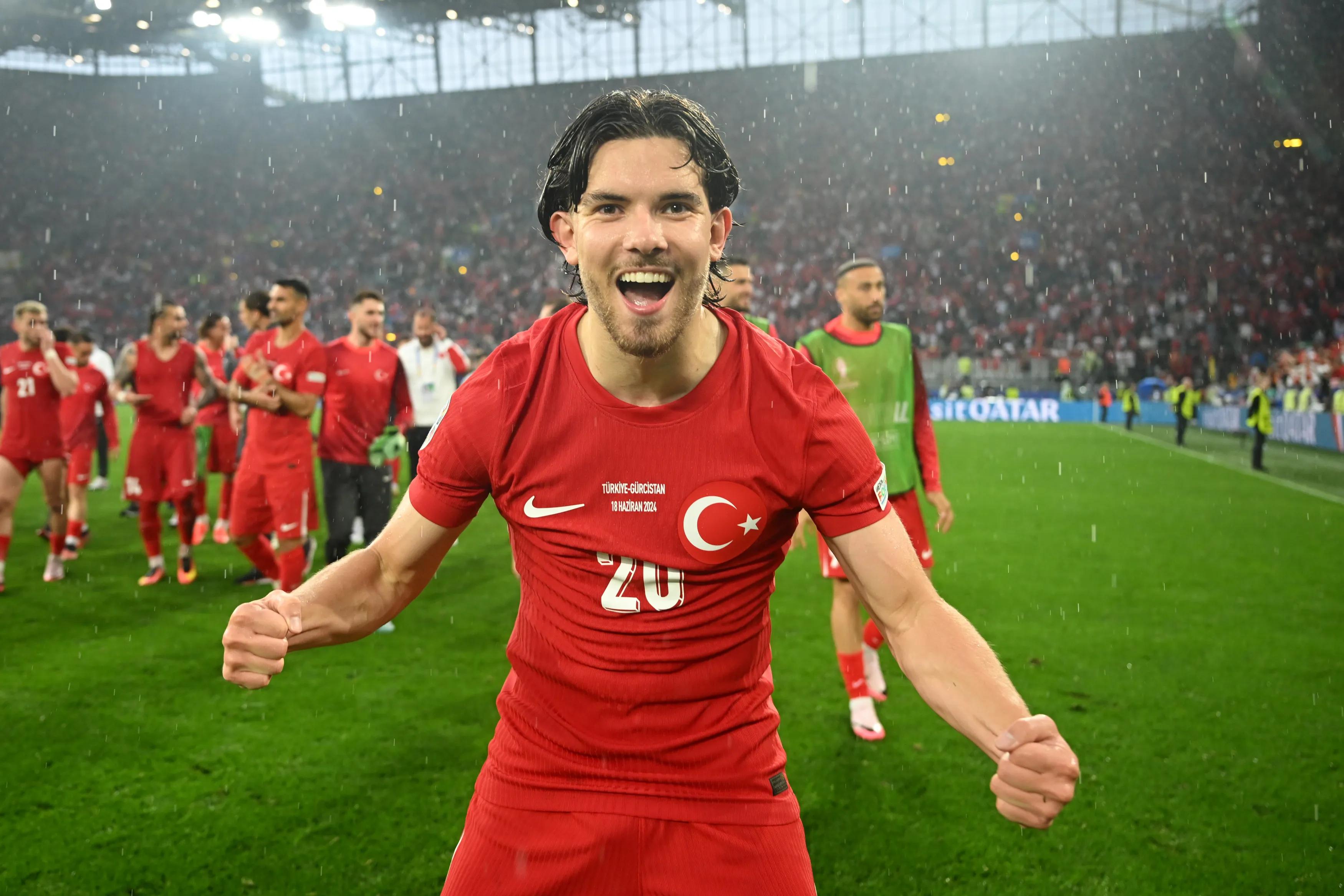 DORTMUND, GERMANY - JUNE 18: Ferdi Kadioglu of Turkiye celebrates victory after the UEFA EURO 2024 group stage match between Turkiye and Georgia at Football Stadium Dortmund on June 18, 2024 in Dortmund, Germany. (Photo by Michael Regan - UEFA/UEFA via Getty Images)